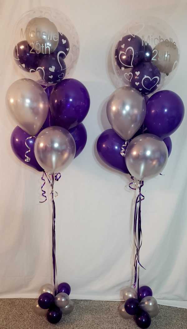 Do you need a special Birthday balloon bouquet for that Birthday person in your life? Let us create one of these bouquets with a custom Dbl stuffed bubble balloon & their name & B-Day age on it.